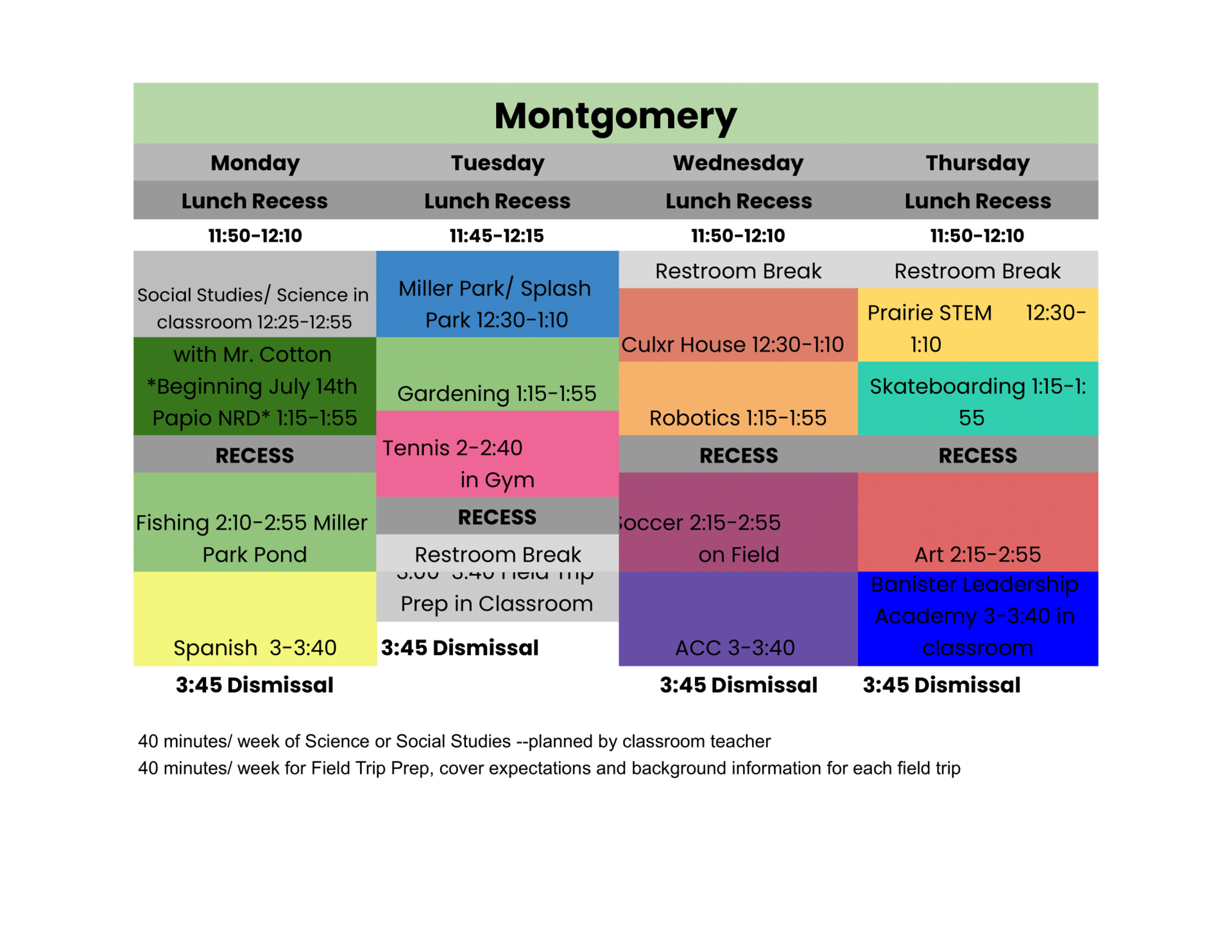 Graphic shows the summer schedule with different colors for each activity.