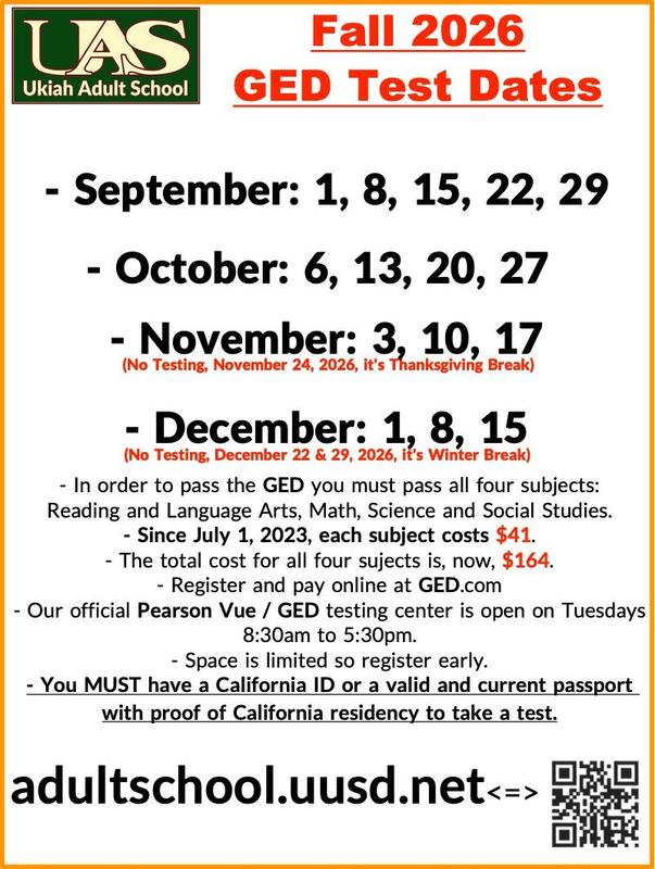 Fall 2026 GED / Pearson-Vue test dates poster.