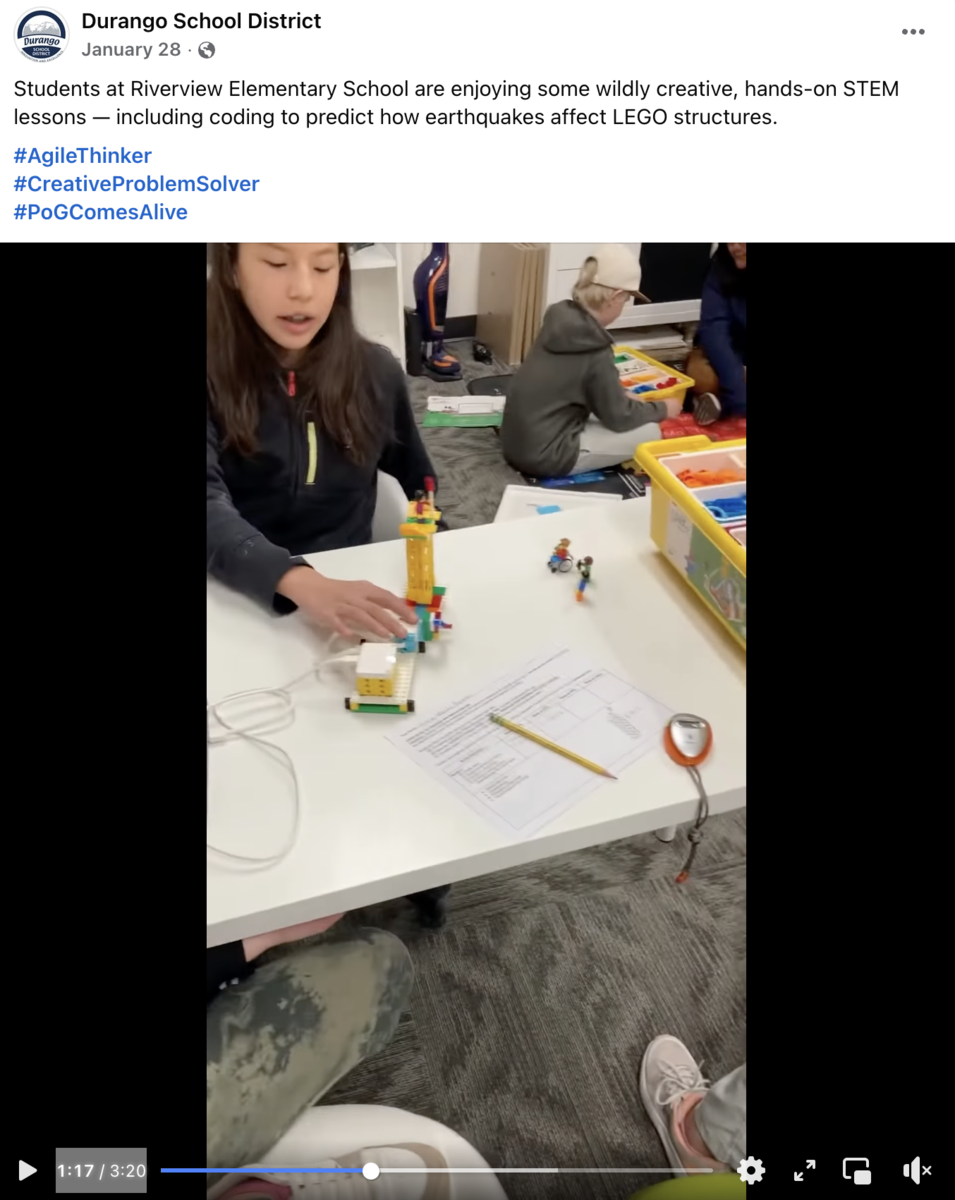 Facebook post showing an elementary-school student using demonstrating earthquake effects on a LEGO structure