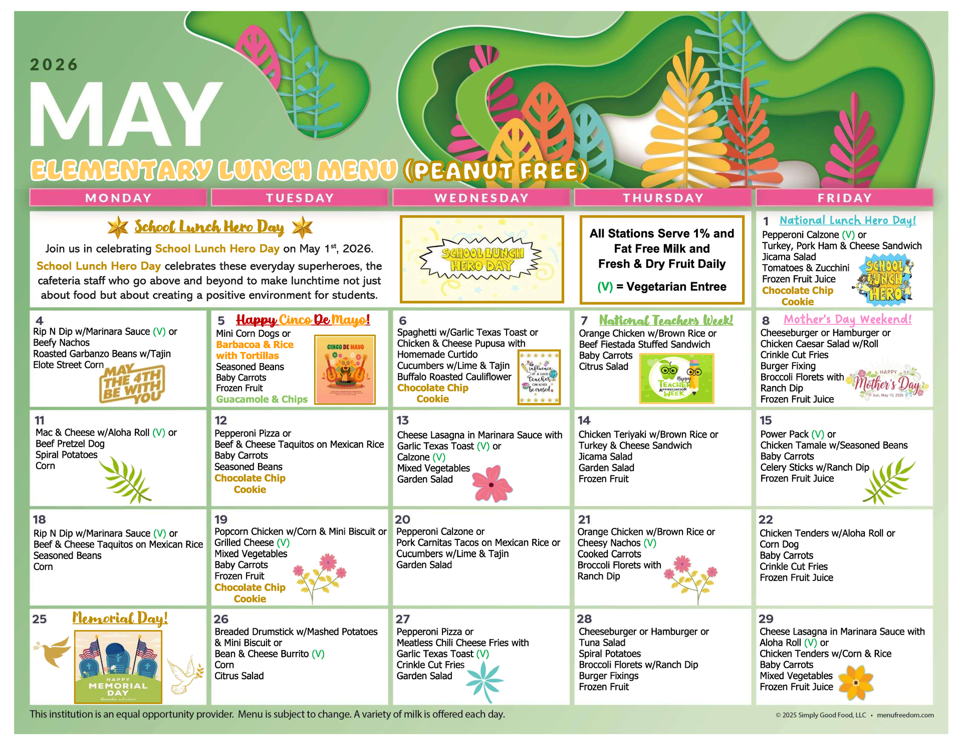 Elementary PEANUT FREE Lunch Menu (click to view)