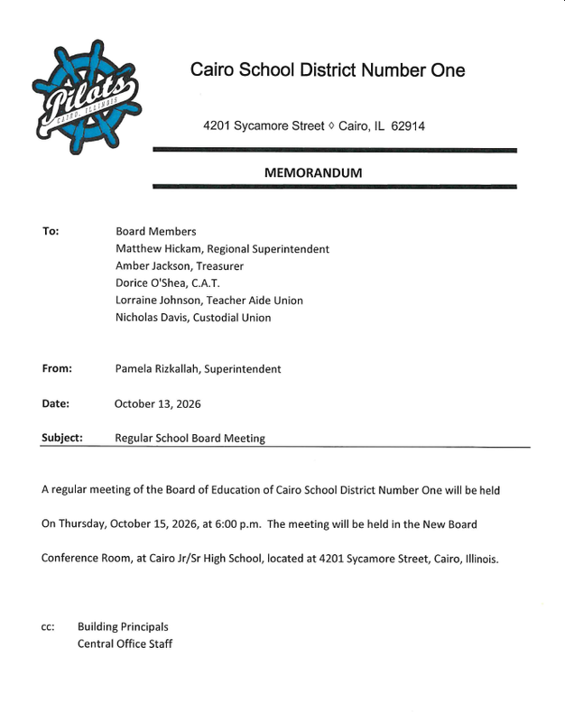 Board Meeting - Thursday, October 15th @6PM Thumbnail Image