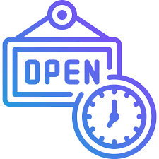 Open sign with a clock indicating operating hours.