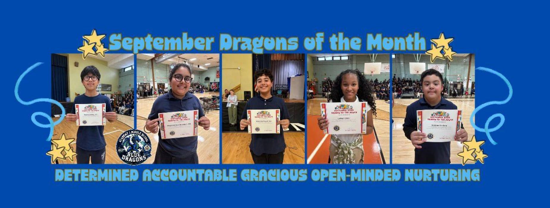 Students holding awards in a school gym, celebrating September Dragons of the Month.