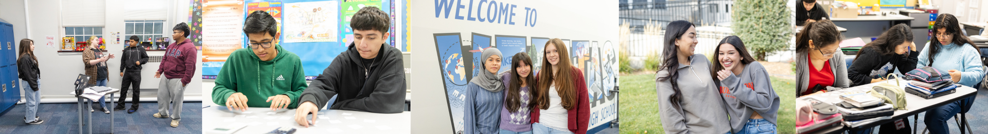 Veritas students posing together in class and around the school.