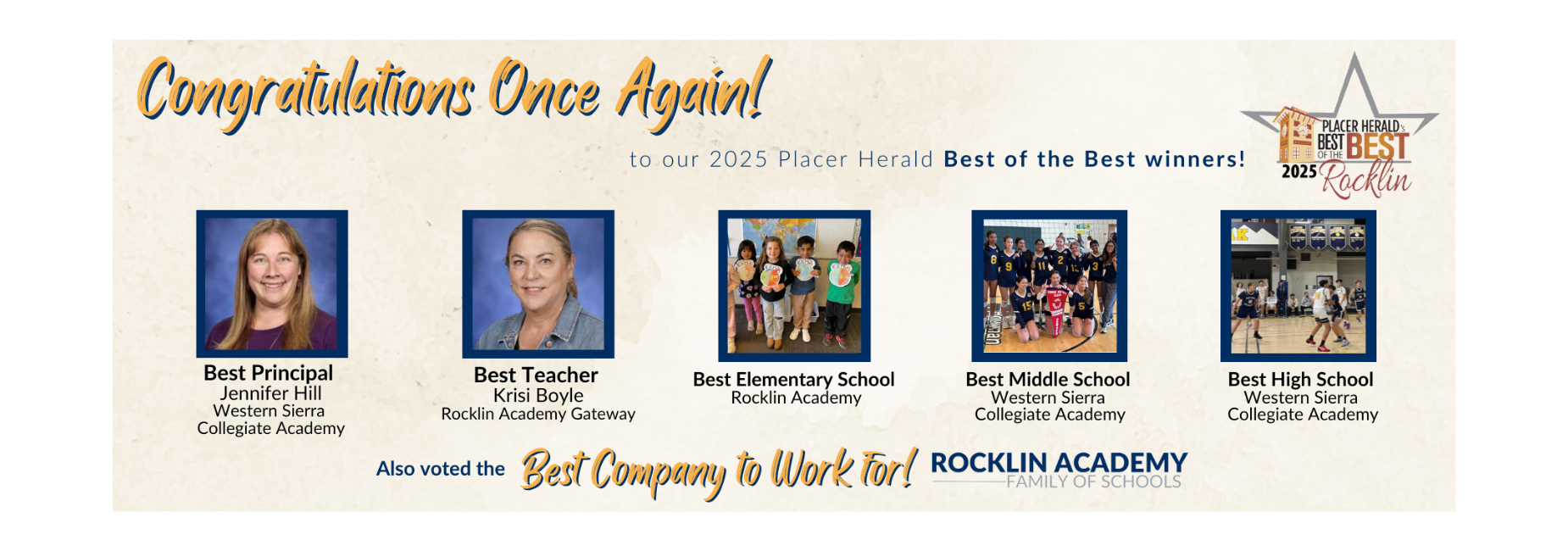 Celebratory banner showcasing award winners from Rocklin Academy.