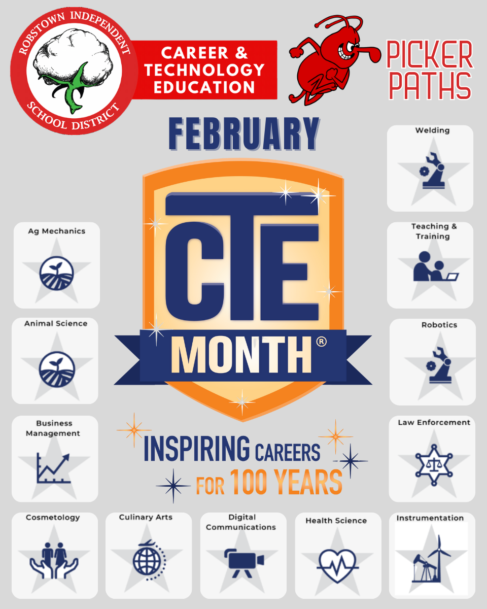 Robstown ISD promotes CTE Month with icons representing various career paths and subjects.