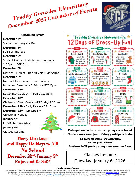 December 2025 Calendar of Events