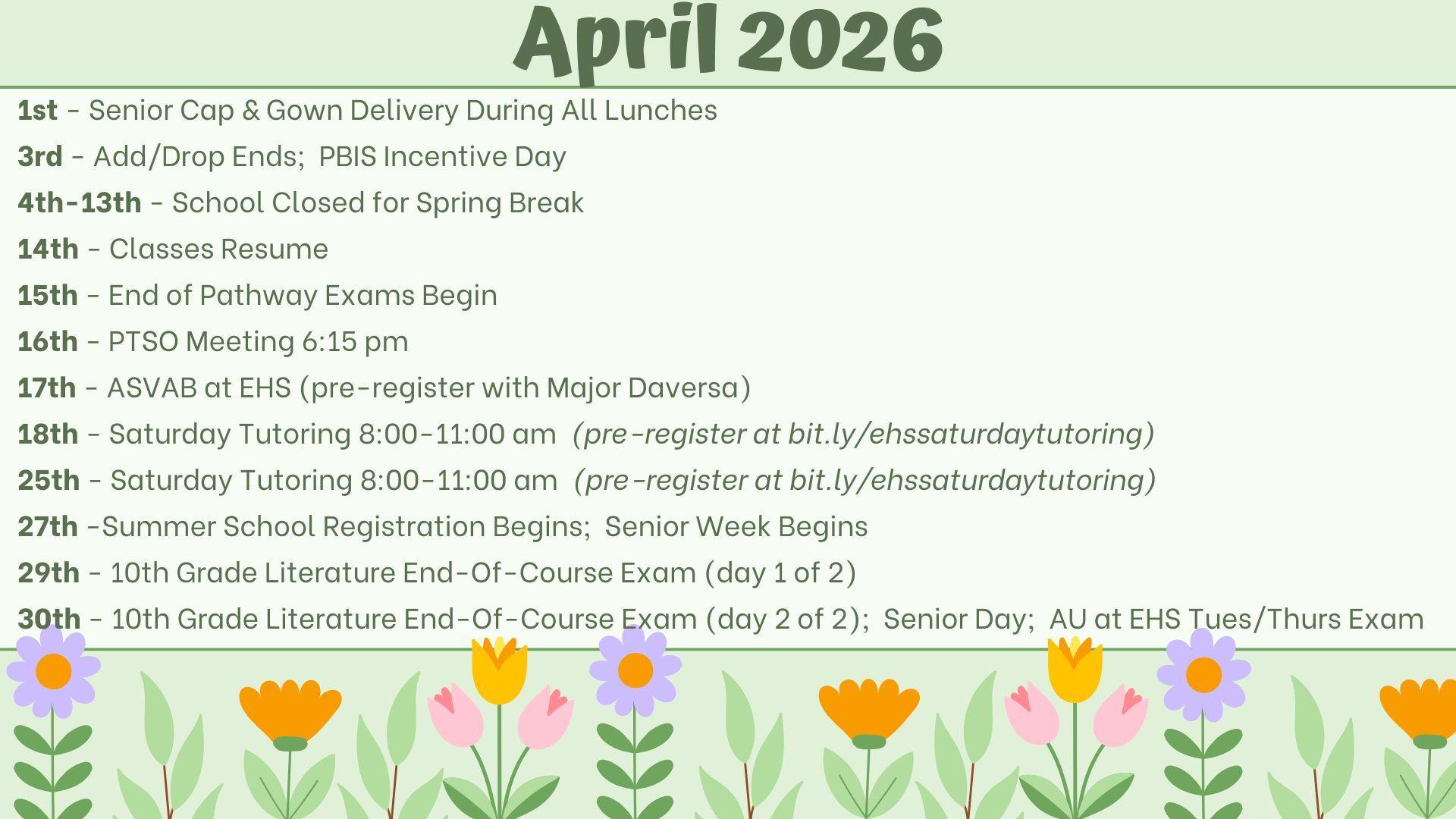 April 2026 calendar with events and floral border at the bottom.