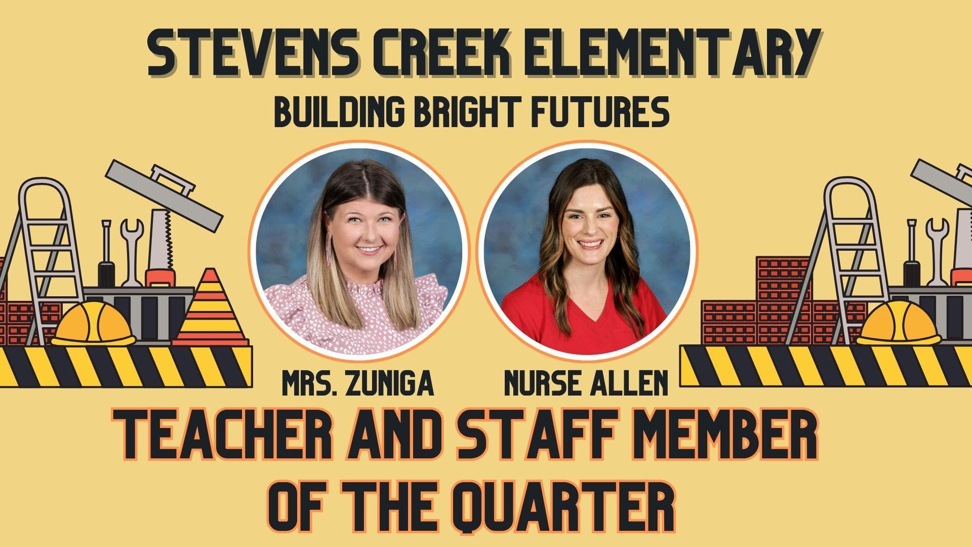 Two educators' portraits with a construction-themed background and text celebrating their achievements.