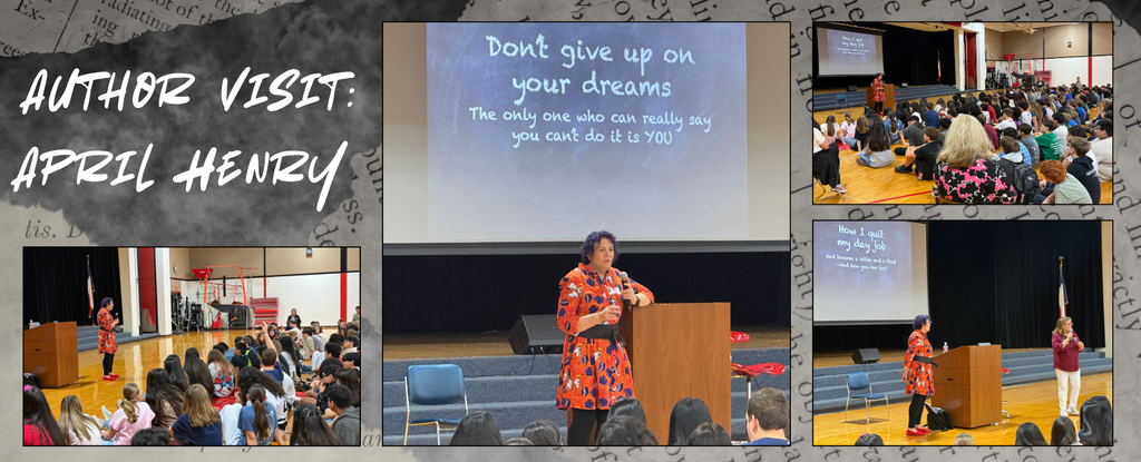 Author April Henry speaking to a large audience, encouraging them to pursue their dreams.
