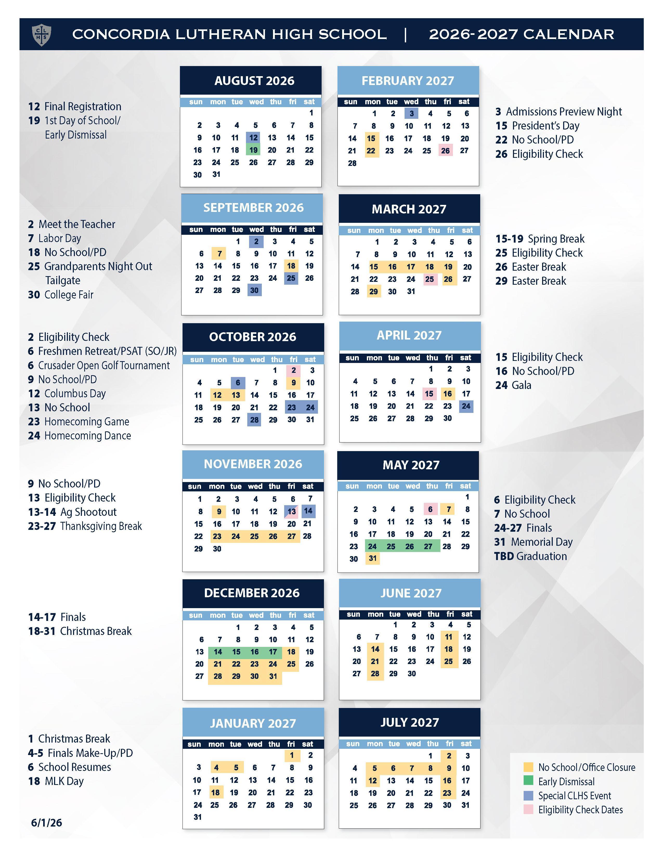 School & Event Calendar – Academics – Concordia Lutheran High School