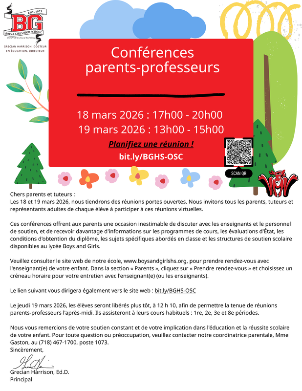 French BGHS Conferences Mar 18-19. Schedule: bit.ly/BGHS-OSC. Mar 19 early dismissal.