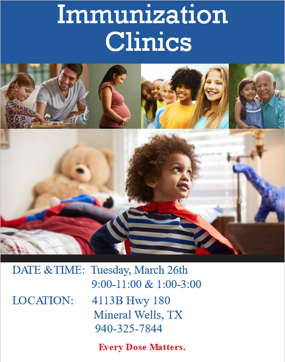 Flyer with immunization clinic dates and times.