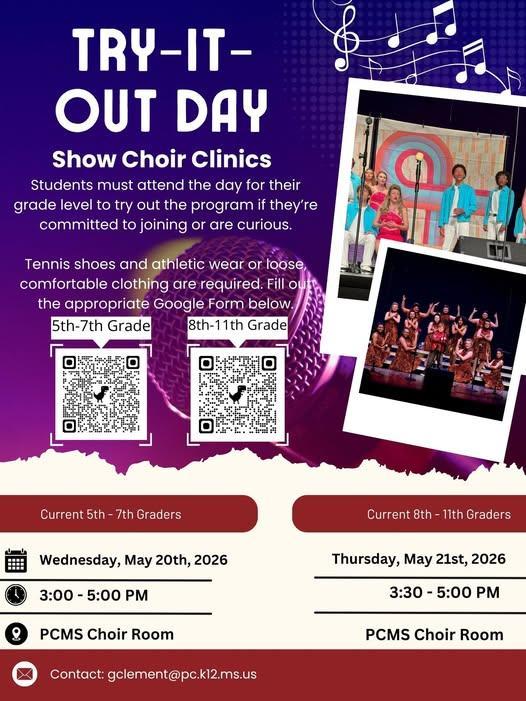 This is a relaxed opportunity for students to try out a little bit of show choir if whether they're planning to join or just curious. Scan the QR codes to fill out the information forms; contact Mr. Clement for more details!