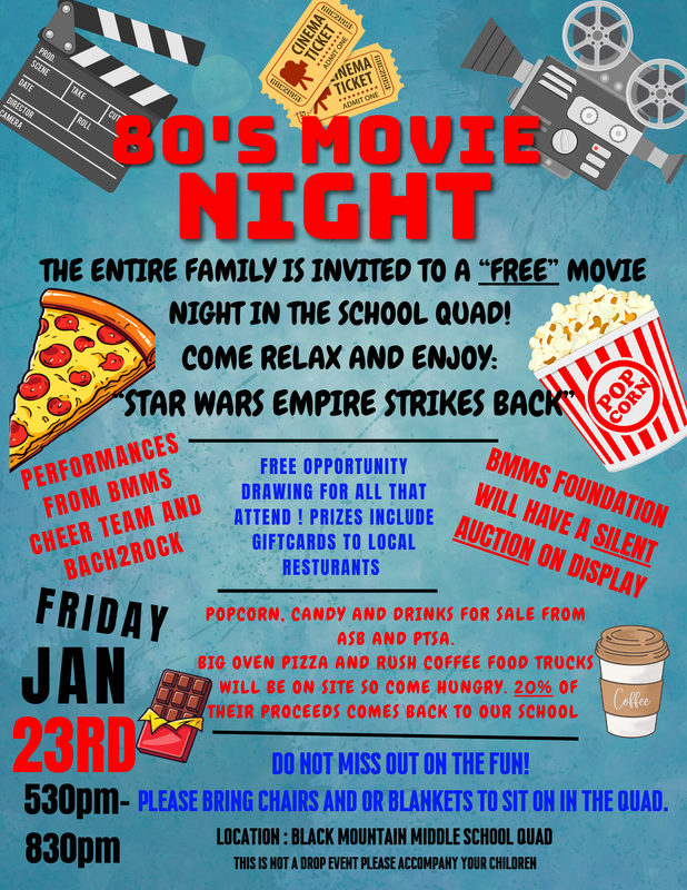 The entire family is invited to a FREE movie night in the school quad. Come relax and enjoy Star Wars Empire Strikes Back!  January 23, 5:30pm-8:30pm.  All children to be accompanied by an adult.