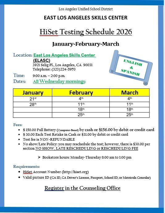 ELASC HiSET Schedule 2026