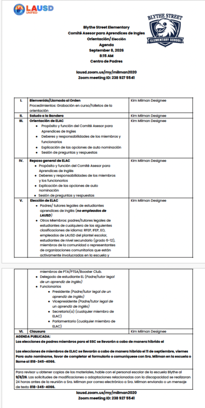 ELAC Orientation and Election Agenda fro September 8, 2026