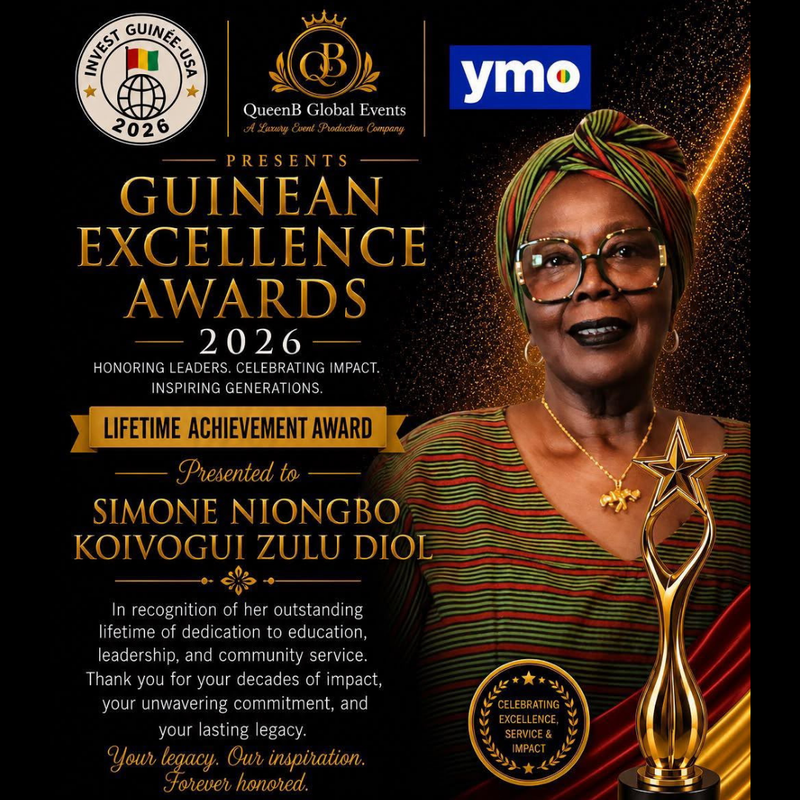 Award poster featuring Simone Niongbo Koivogui Zulu Diol with a trophy and text.