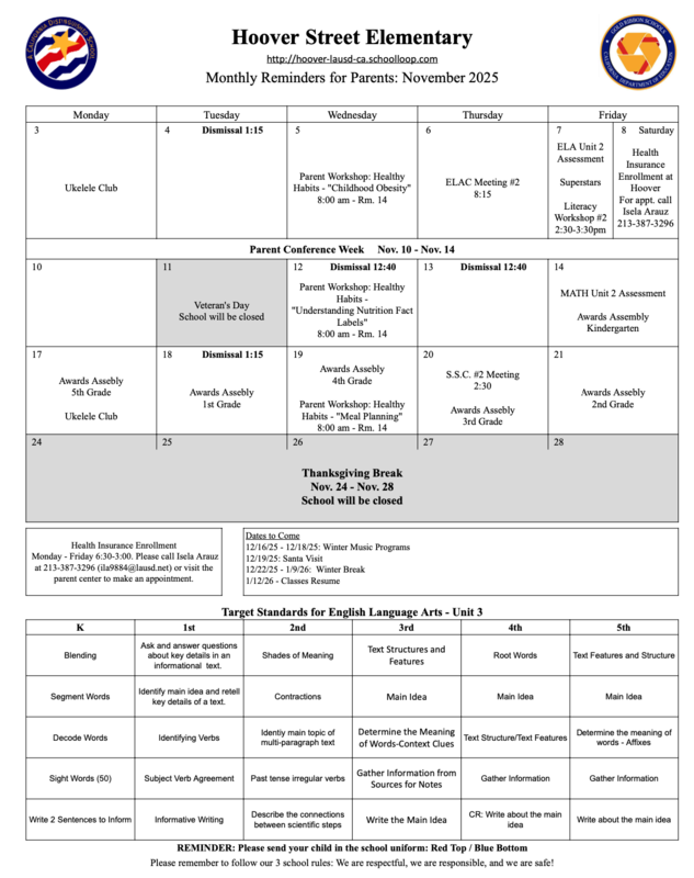 Calendar of November 2025
