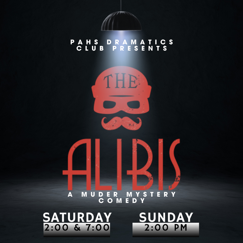 poster for dramatics club play called The Alibis--a murder mystery comedy
