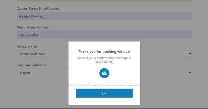Confirmation page after all information has been filled out.