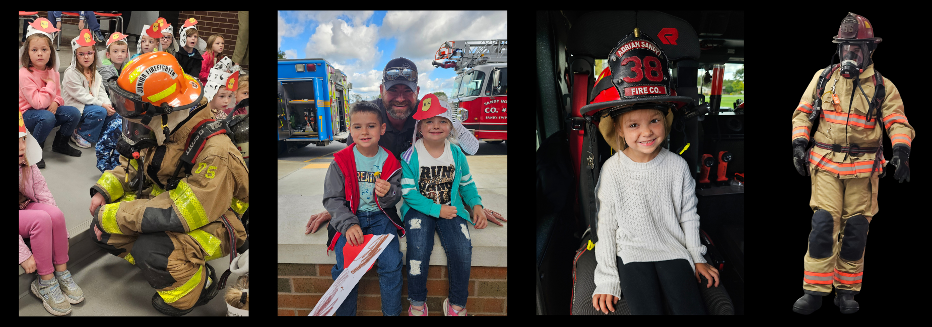 Collage of children engaging with firefighters and wearing helmets.