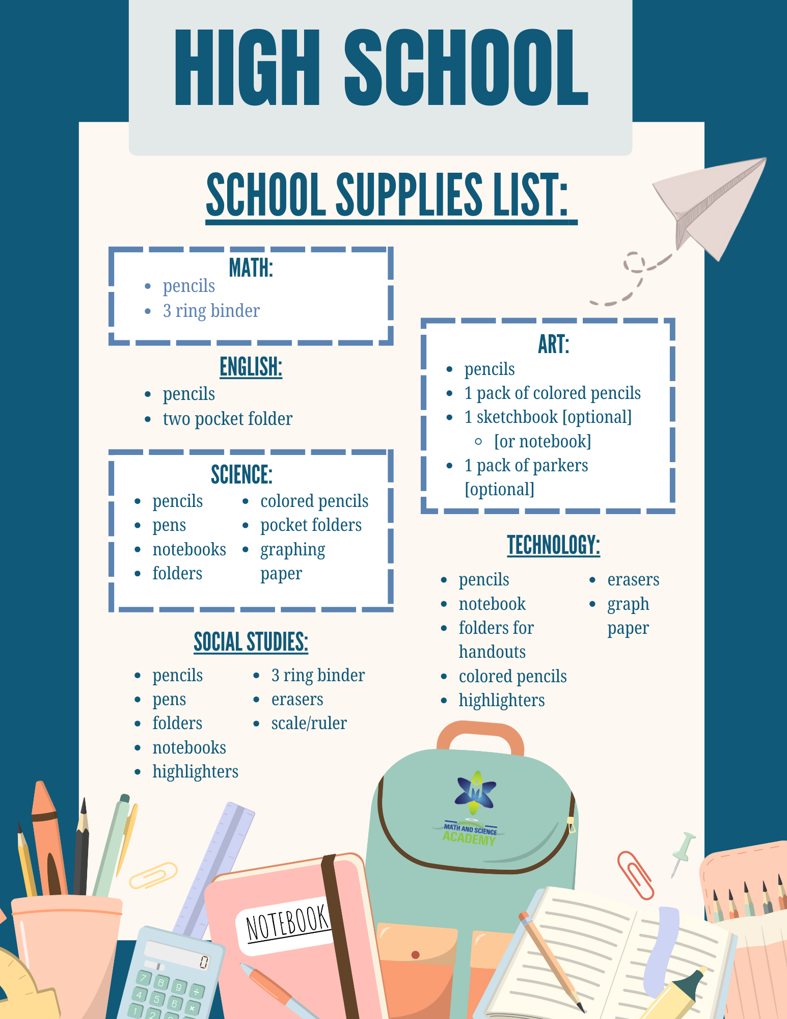 9th grade school supplies list