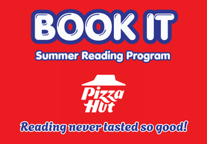 Bold text promoting the Book It Summer Reading Program with Pizza Hut logo.