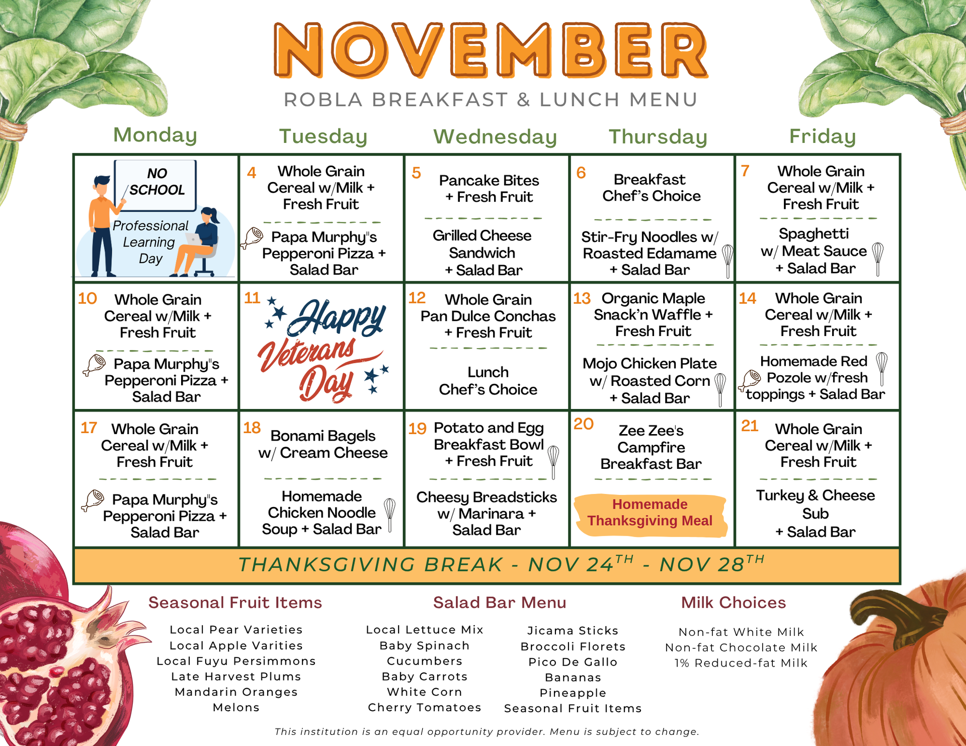TK-8 Breakfast and Lunch Menu