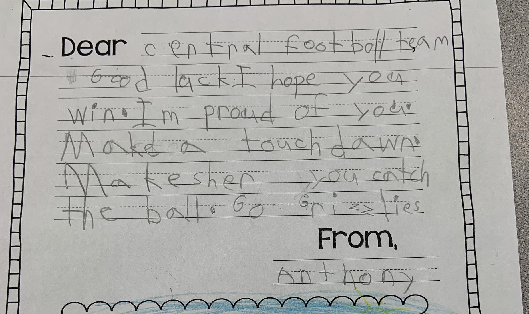 A good luck letter to the Central High football team from a student at Steinbeck