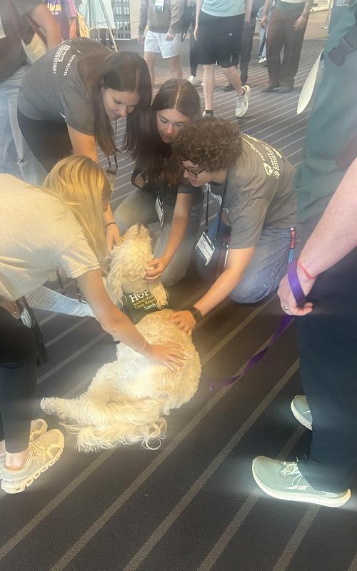 Students interact with a therapy dog
