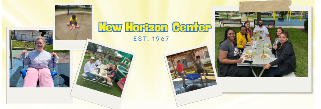 Collage of photos showcasing activities at New Horizon Center and staff enjoyment.
