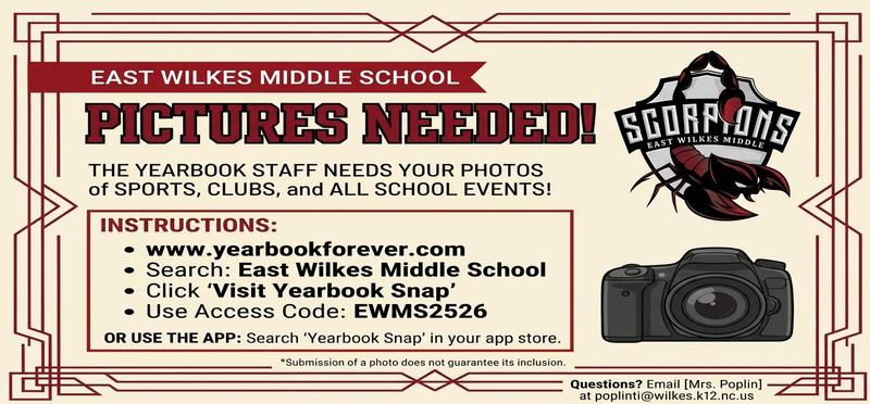 East Wilkes Middle School yearbook photo call flyer.