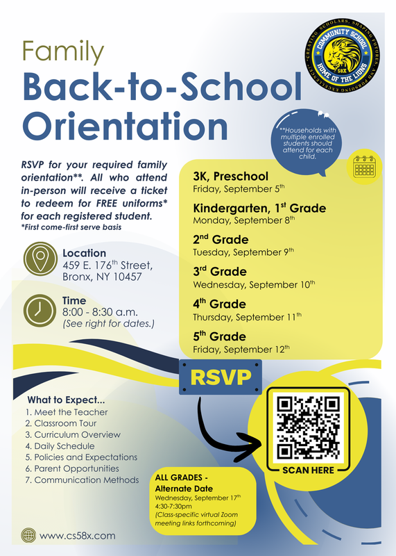 Family Orientation Flyer, contains the same information as above. In-person attendance results in a tick to redeem FREE uniforms. Alternate date is available for virtual class meetings on Wednesday, September 17th from 4:30-7:30pm (individual class Zoom links forthcoming).