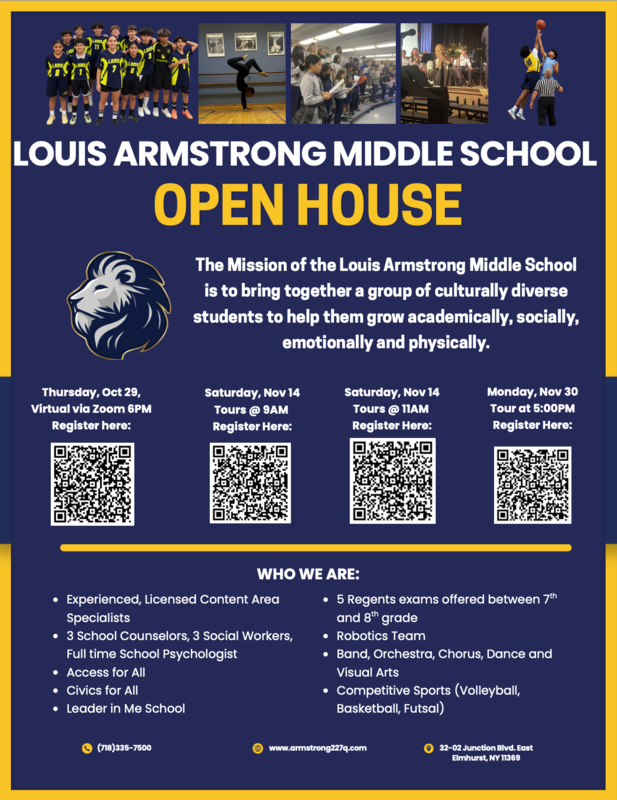 Blue and yellow flyer with QR codes for Open House Registration.