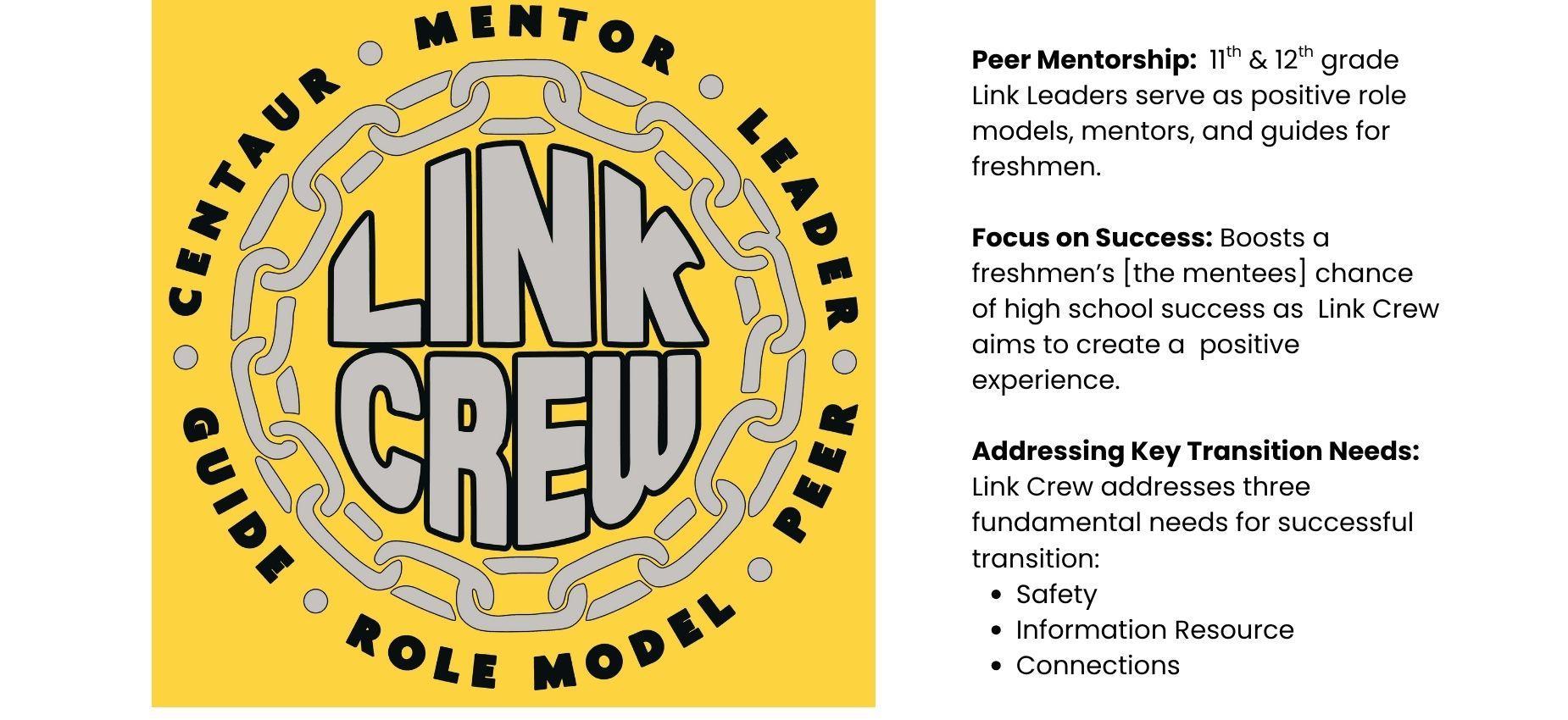 Bold yellow and black design for Link Crew, featuring mentorship themes and key transition needs.