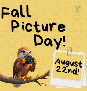 Cartoon owl on a branch holding a camera with text announcing Fall Picture Day.