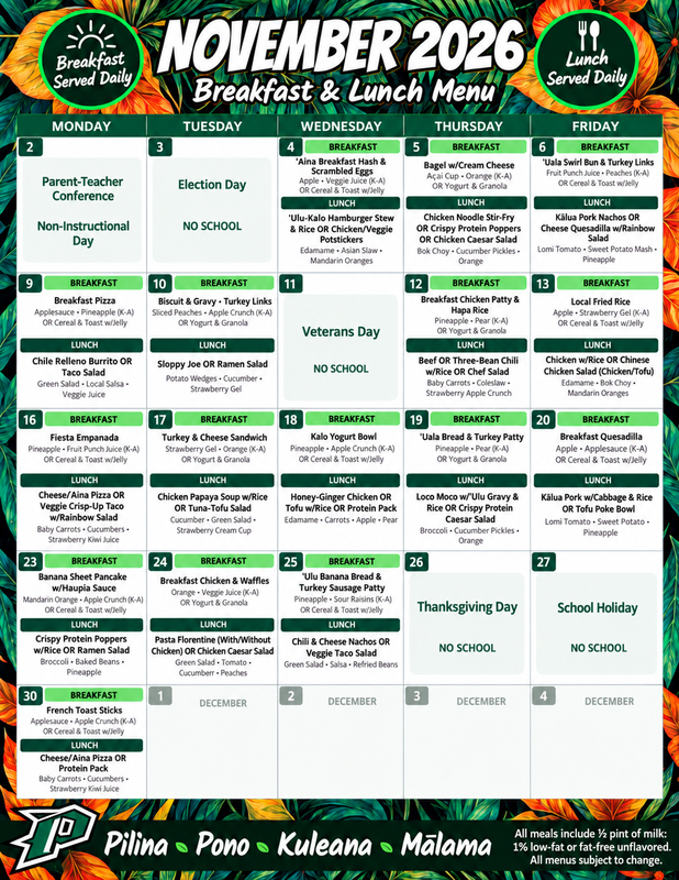 November 2026 menu