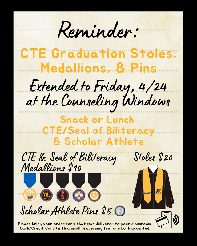 Reminder to senior parents and students eligible for CTE Stoles/Medallions