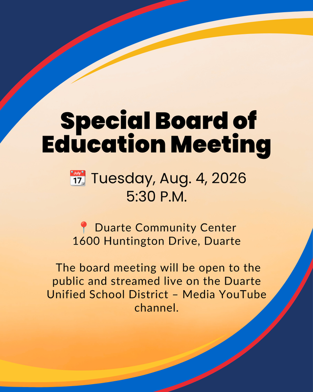 Graphic announcing special board of education meeting on Aug. 4 at 5:30 PM