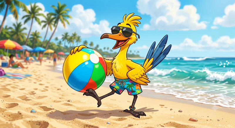 A yellow roadrunner with sunglasses and a beach ball