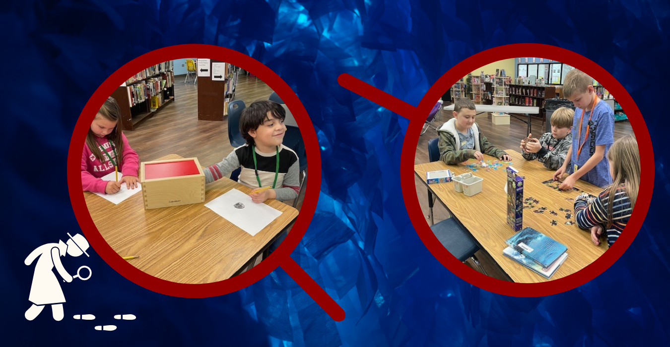 Children engaged in creative activities at a library table with various materials.
