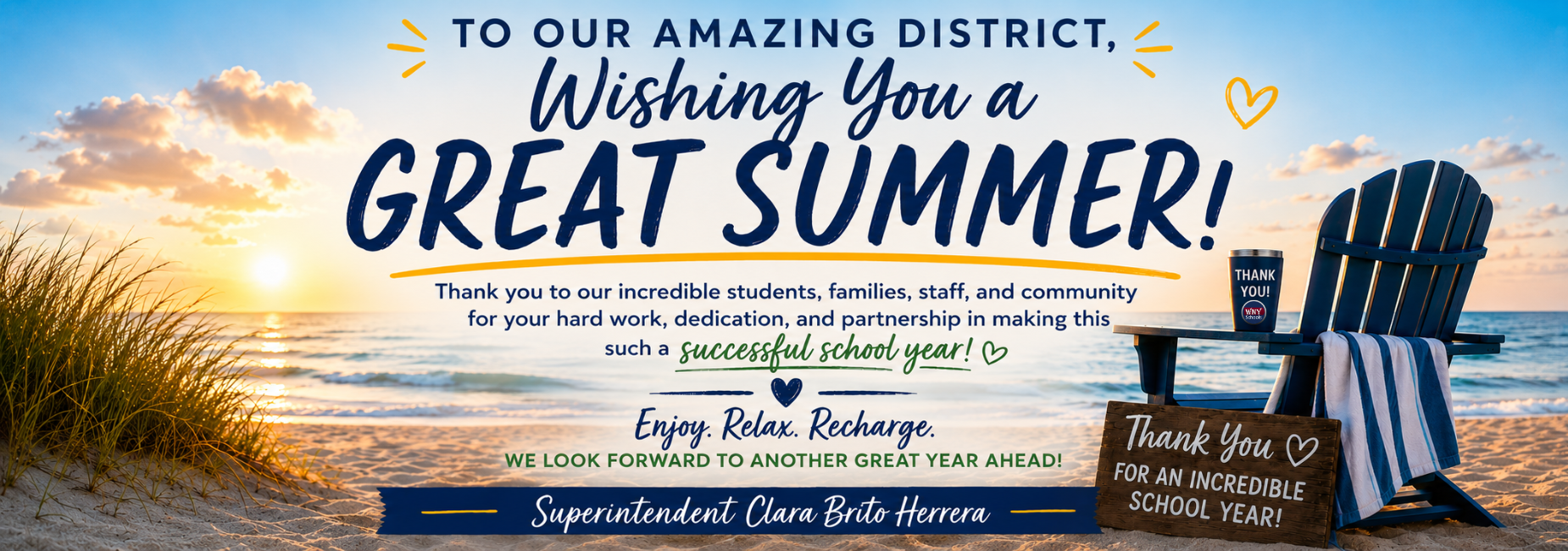 Text promoting a great summer for students and staff, with a beach scene and chair.