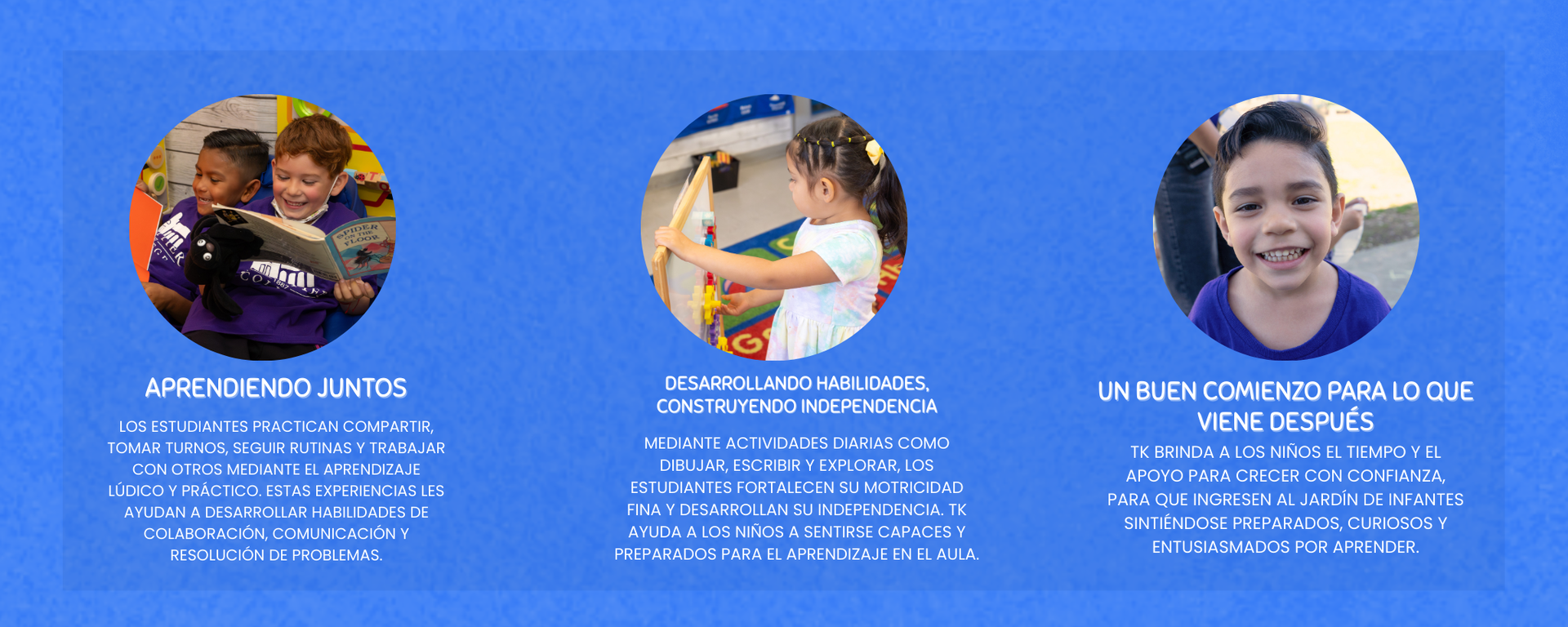 Graphic showing young students learning together, building skills and independence, and preparing for kindergarten success.