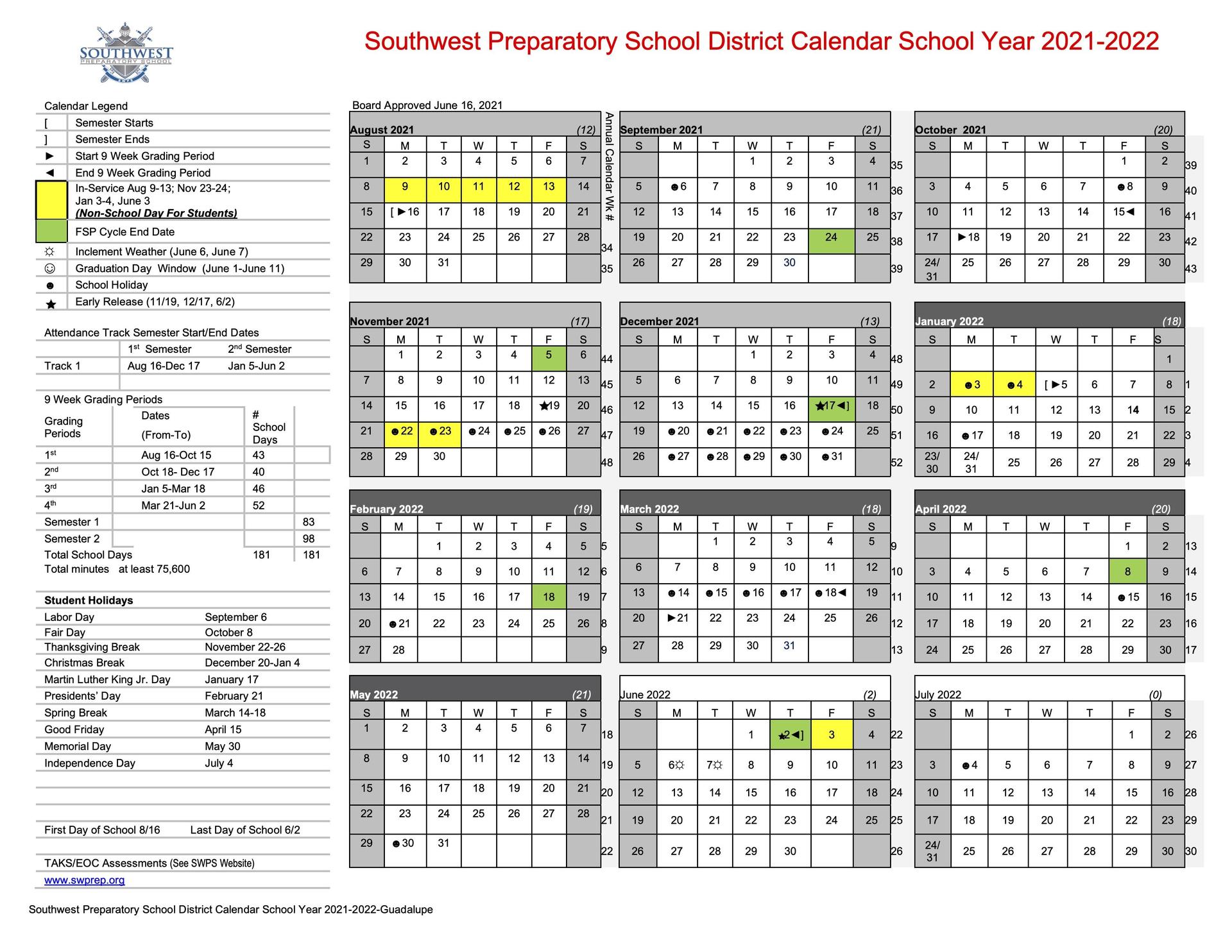 2021 2022 School Calendar The Seguin Campus Southwest Preparatory 