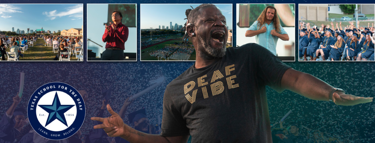 A vibrant collage from Texas School for the Deaf's 2022 Commencement featuring keynote speaker Warren 'Wawa' Snipe. The central image highlights Wawa, passionately performing in a 'Deaf Vibe' shirt, with a lively crowd and confetti in the background. Surrounding photos show scenes from the graduation, including students in caps and gowns, attendees seated outdoors, a performer signing, and the Austin skyline in the distance. The TSD logo appears prominently, emphasizing the celebratory and empowering event.
