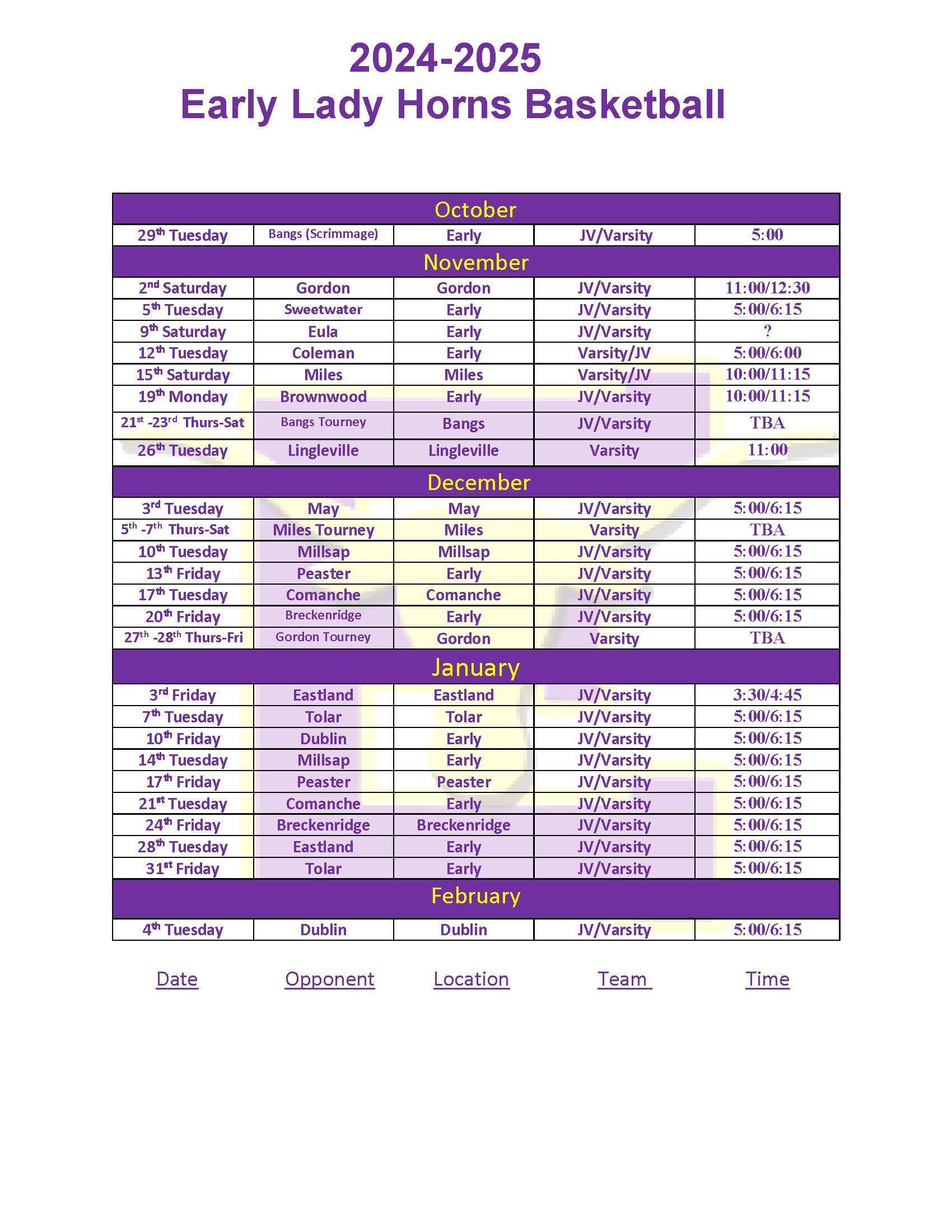 20242025 Lady Horns Basketball Athletics Schedules Early