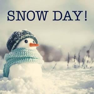 Snowman wearing a green hat and blue scarf in a snowy landscape with the text 'SNOW DAY!'