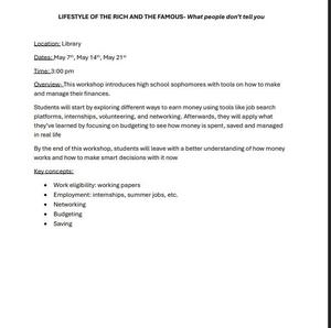 Information sheet detailing a financial workshop with location, dates, and key concepts.