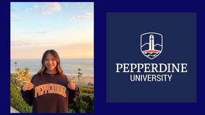 A person smiles in a "Pepperdine" sweatshirt by a coastal view at sunset, with trees and the ocean. Beside, the Pepperdine University logo on a blue background.
